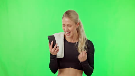 Woman,-phone-and-green-screen-to-celebrate