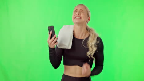 Woman,-phone-and-fitness-winner-on-green-screen