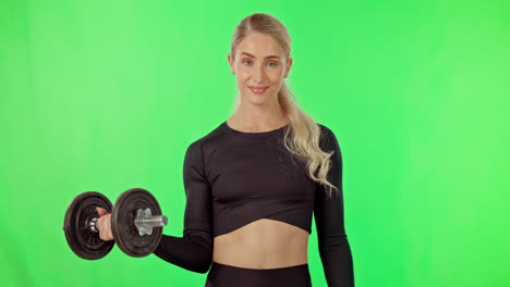 Exercise,-dumbbell-and-woman-on-green-screen