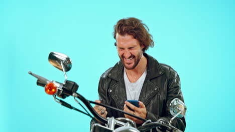 Success,-happy-and-a-biker-with-a-phone-for-good
