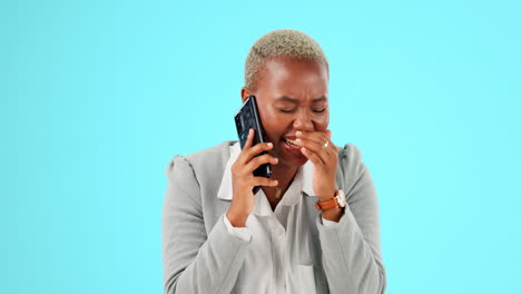 Phone-call,-laugh-and-face-of-black-woman-on-blue