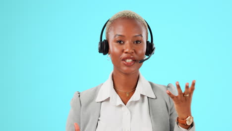 Call-center,-headset-and-face-of-black-woman-talk