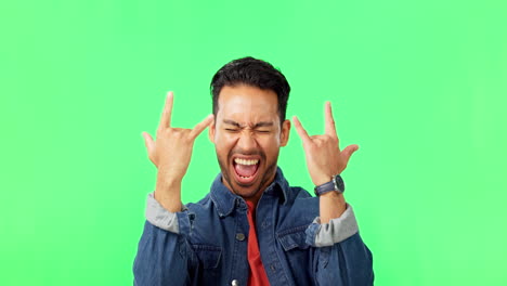 Face-of-a-man-with-a-rock-gesture-by-green-screen