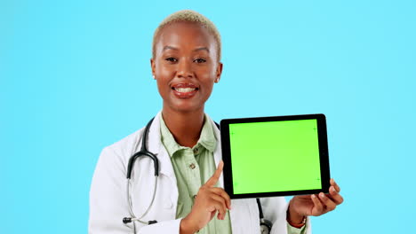Doctor-face,-tablet-and-green-screen-isolated