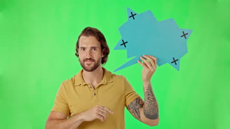 Green-screen-secret,-man-and-mockup-speech-bubble