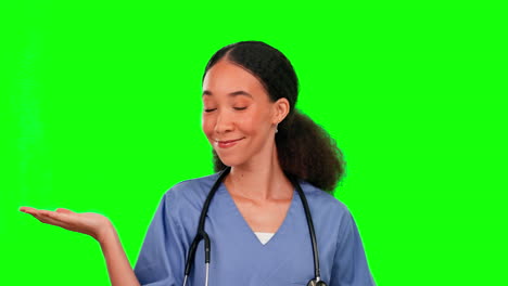 Enfermera,-Pantalla-Verde-Y-Mujer-Con-Espacio-En-La-Palma