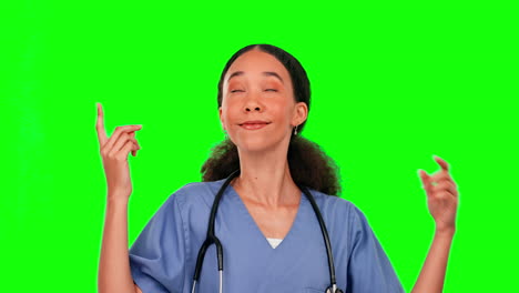 Krankenschwester,-Grüner-Bildschirm-Und-Frau,-Die-Nach-Oben-Zeigt