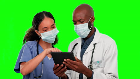 Tablet,-teamwork-and-covid-doctors-on-green-screen