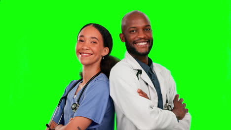 Face,-doctor-and-nurse-with-arms-crossed-on-green