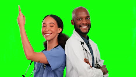 Green-screen,-nurse-and-doctor-pointing-up-to