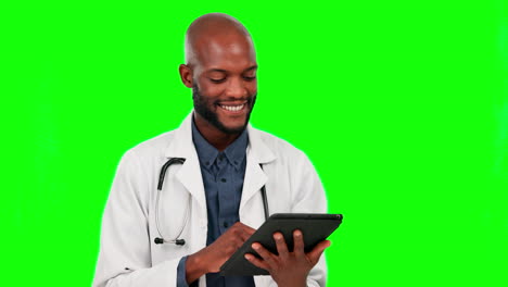 Tablet-research,-doctor-and-black-man-on-green