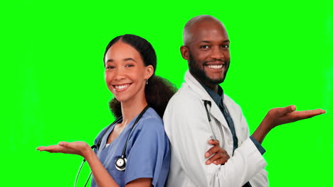 Palm-space,-doctor-and-nurse-on-green-screen