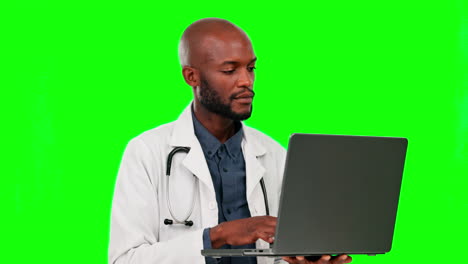 Laptop,-Denkender-Arzt-Und-Schwarzer-Mann-Auf-Grün