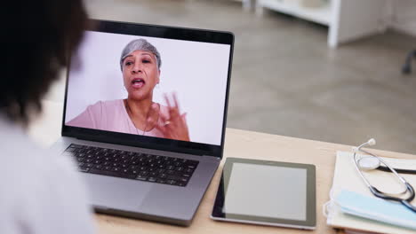 Woman,-doctor-and-laptop-in-video-call