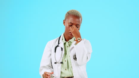 Black-woman,-doctor-and-headache-in-burnout