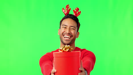 Gift-giving,-man-portrait-and-green-screen