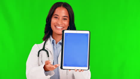Healthcare,-tablet-and-a-doctor-woman-on-a-green