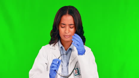 Green-screen,-science-and-woman-with-a-headache