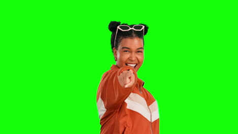 Woman,-hand-pointing-and-face-with-green-screen