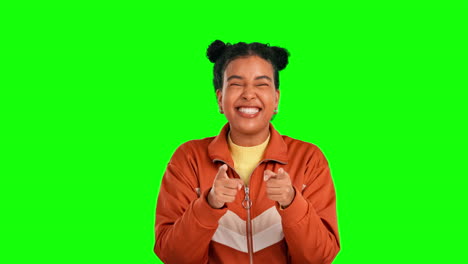 Woman,-hand-pointing-and-laughing-face-with-green