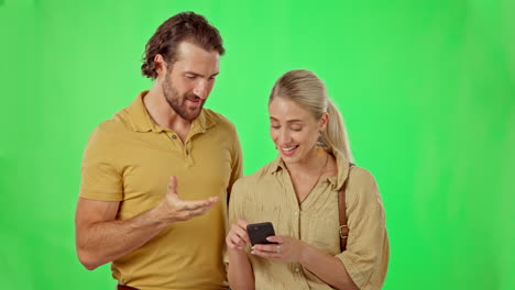 Liebe,-Grüner-Bildschirm-Und-Paar-Mit-Einem-Smartphone