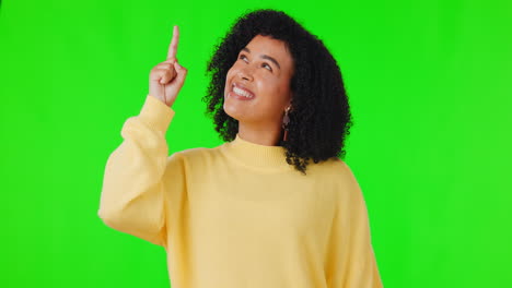 Happy-woman,-green-screen-and-pointing-up