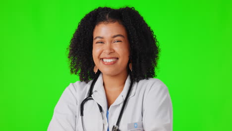 Happy-woman,-face-or-doctor-laughing-on-green