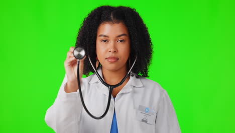Médico,-Rostro-O-Mujer-Con-Estetoscopio-En-Verde
