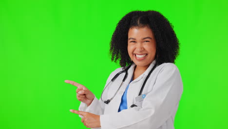 Mujer-Feliz,-Doctora-Y-Apuntando-A-La-Pantalla-Verde