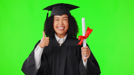 Graduation,-green-screen-and-woman-thumbs-up