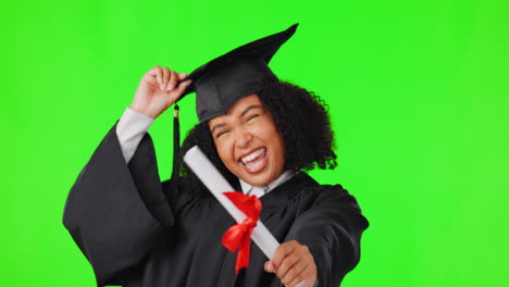 Woman,-graduate-and-diploma-with-green-studio