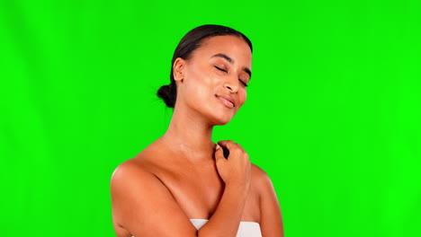 Green-screen,-happy-woman-and-touch-face