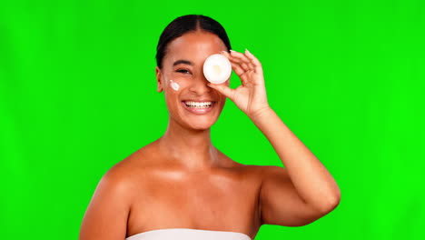 Cream,-face-and-skincare-for-woman-on-green-screen