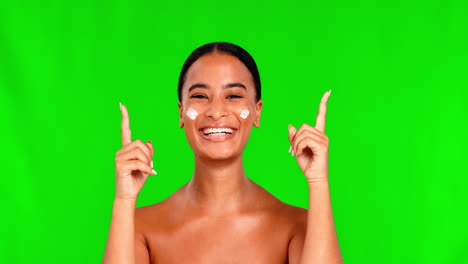 Green-screen,-cream-and-face-of-happy-woman