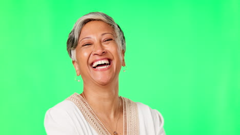 Green-screen,-laugh-and-face-of-elderly-woman