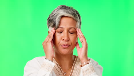 Headache,-stress-or-mature-woman-on-green-screen