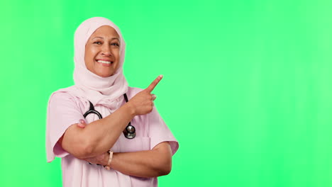 Gesicht,-Glückliche-Und-Muslimische-Krankenschwester-Auf-Grünem-Bildschirm