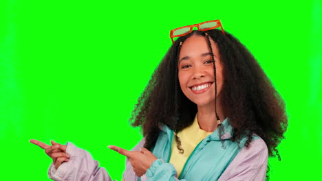 Face,-green-screen-and-woman-pointing