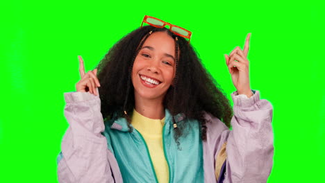 Face,-green-screen-and-woman-pointing-up