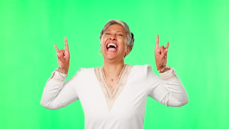 Rock-gesture,-face-and-woman-in-green-screen