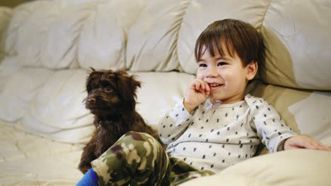 A-two-year-old-is-genuinely-laughing,-watching-TV-with-a-puppy