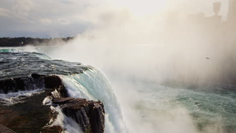 Der-Mächtige-Wasserstrom-Der-Niagarafälle,-In-Der-Ferne-Sieht-Man-Die-Kanadische-Küste,-Die-Die-Wand-Aus-Spritzern-Und-Nebel-Schließt