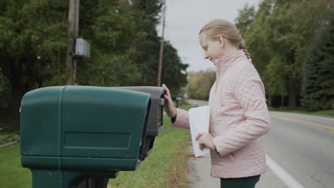 A-child-picks-up-letters-from-a-street-mailbox-in-a-US-suburb.-Side-view