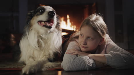 A-child-lies-near-his-dog-against-the-background-of-a-fireplace-where-a-fire-is-burning.-Home-comfort-and-Christmas-holidays