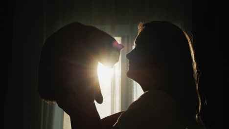 Silhouette-of-a-woman-holding-a-cat.-Standing-by-the-window-where-the-setting-sun-shines