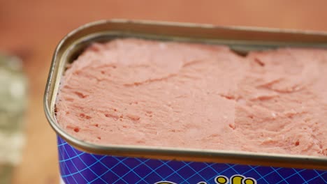 Close-up-of-canned-meat-on-table-,