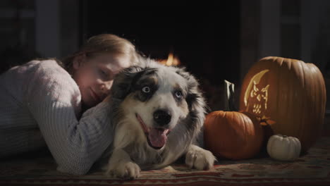 Girl-with-a-dog-is-resting-by-a-burning-fireplace,-next-to-Halloween-decorations