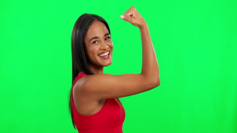 Woman,-champion-and-flexing-bicep-on-green-screen
