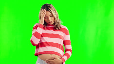 Pregnant,-pain-and-woman-with-stress-on-green
