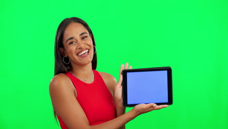 Woman,-green-screen-and-tablet-with-face